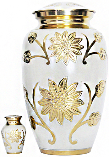 001-A - Brass Urn<br>Eggshell White w/Gold<br>Flowers
