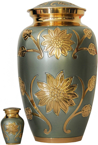 008-A - Brass Urn<br>Olive Green w/ Gold<br>Flowers