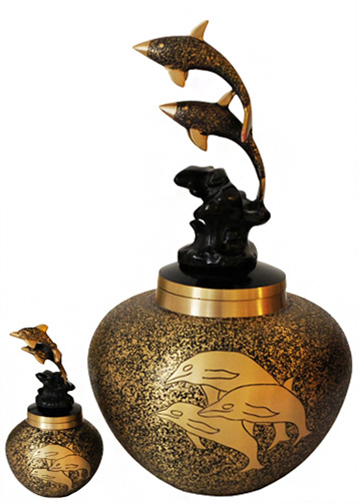 136-A - Brass Urn<br>Gold/w Black<br>Dolphins