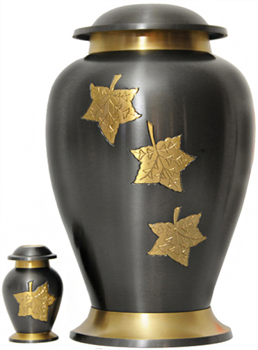 034-A - Brass Urn<br>Charcoal/w Gold<br>Leaves