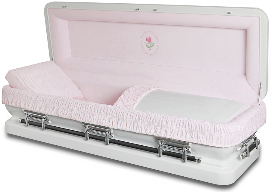 4742 - 18ga Platinum White Full Couch <br> Light Pink Velvet Interior, Flower Embroided Headpanel <b