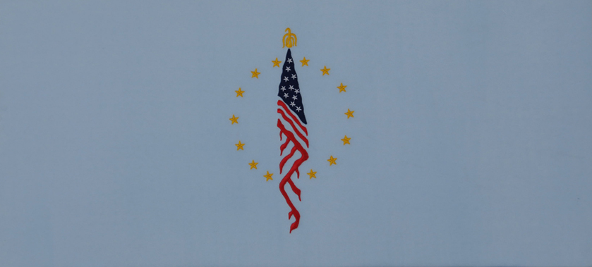 428-B - Flag head panel<br>Blue Velvet with Blue, Red, and Gold Embroidery
