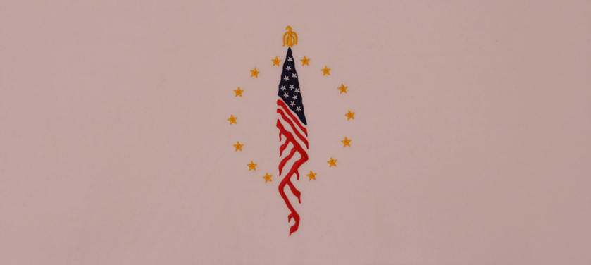 428-C - Flag head panel<br>Pink Velvet with Blue, Red, and Gold Embroidery