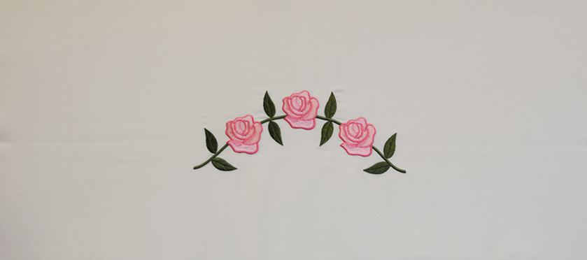 381-A - Three Roses head panel<br>White Crepe with Pink and Green Embroidery
