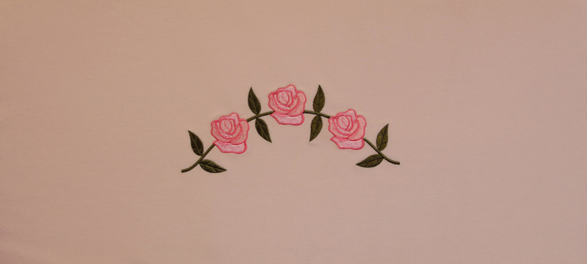 381-C - Three Roses head panel<br>Pink Velvet with Pink and Green Embroidery
