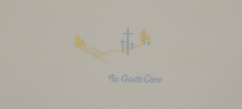 446-H- In Gods Care head panel<br>Almond Velvet with Gold and Blue Embroidery