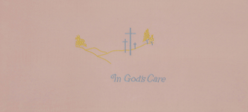 446-J- In Gods Care head panel<br>Pink Velvet with Gold and Blue Embroidery