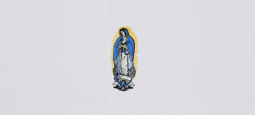451-A - Mary head panel<br>White Crepe with Gold and Blue Embroidery