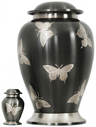 081-A - Brass Urn<br>Gray/w Silver<br>Butterflies