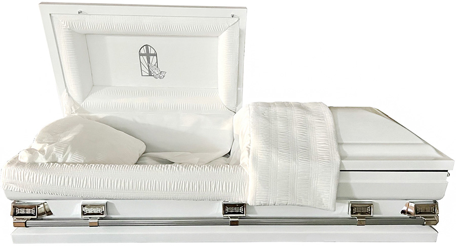 8161-29 White Praying Hands W/ Silver Hardware <br> Crepe Interior <br> 28.5