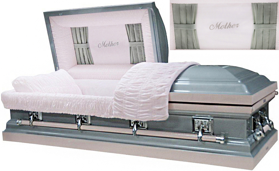 8268 - Mother Casket w/ Curtains Head Panel, 18ga<br>Gray with Pink, Sterling Rose, Pink Velvet, Silver Hardware