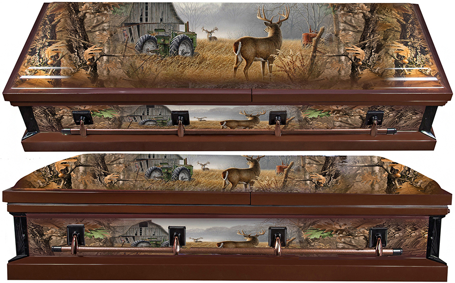 8316a - Deer Wrapped Casket - 18 Gauge<br>Deer Embroidery - Hunter's Casket<br> Real Tree Camo Interior