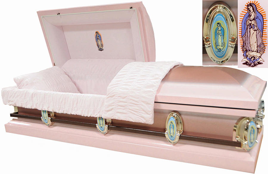 8549- 18ga Guadalupe Casket, Virgin Mary, <br> Light Pink w/ Dark Pink Brush <br>Light Pink Velvet