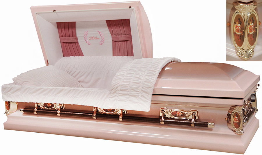 6227 - Mother Casket w/ Curtains Head Panel <br>18ga Light Pink and Dark Pink<br>Rose Hardware