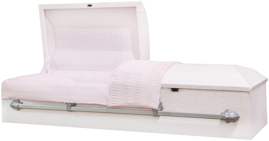 9355 - White Cloth Covered Cremation Casket<br>Pink Crepe  Interior