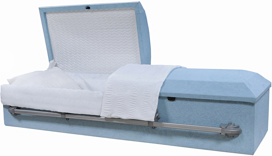 9366 - Light Blue Cloth Covered Cremation Casket<br>White Crepe Interior